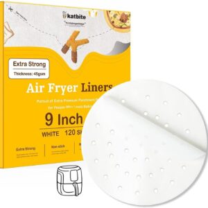 Katbite 9 Inch Air Fryer Parchment Paper, 120Pcs Parchment Paper for Air Fryer Liners, Non-Stick Perforated Parchment Paper for Air Fryer, Bamboo Steamer Liners, Steaming Papers