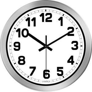 LAMIKO 12英寸静音挂钟｜无滴答声石英钟｜铝制边框 经典黑白大数字｜卧室厨房办公室皆宜