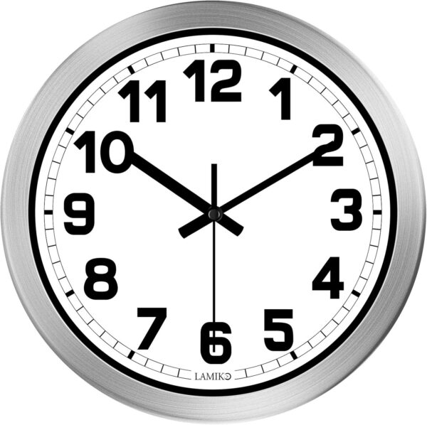 LAMIKO 12英寸静音挂钟｜无滴答声石英钟｜铝制边框 经典黑白大数字｜卧室厨房办公室皆宜